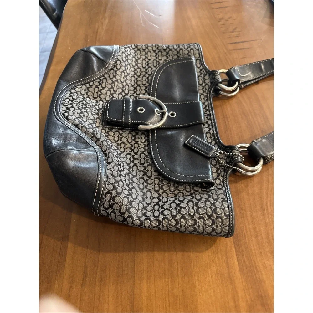 Vtg COACH #7081 Soho Signature Mini C's Black Leather Gray/Black Jacquard Purse